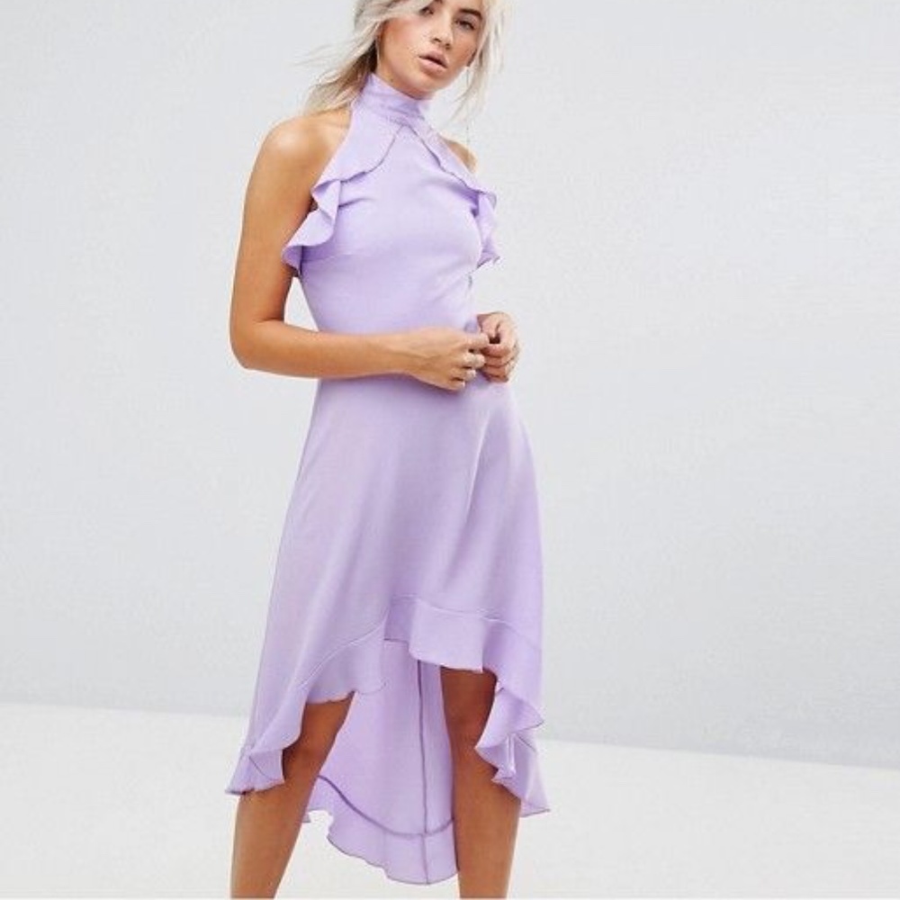 JOHN ZACK RUFFLE DETAIL HIGH NECK HI LOW DRESS